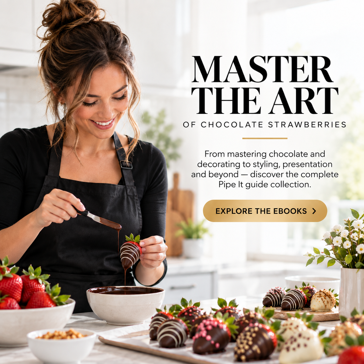 Woman decorating chocolate-covered strawberries in a bright kitchen, showcasing the Pipe It chocolate strawberry eBooks for dipping, decorating, styling and creating professional chocolate strawberries.