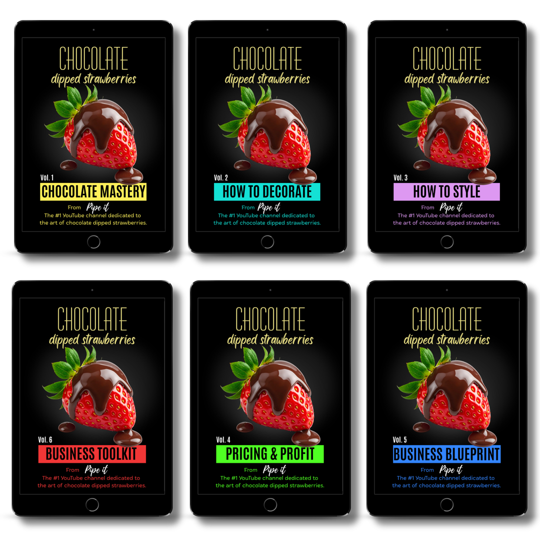 The complete Pipe It chocolate strawberry eBook library featuring all six guides covering chocolate, decorating, styling, pricing, business and practical planning.