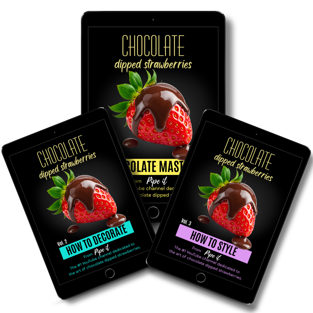 The Pipe It Creative Collection featuring three chocolate strawberry eBooks covering chocolate mastery, decorating and styling.