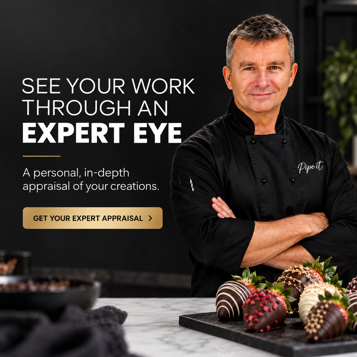 Kerry from Pipe It presenting the Expert Appraisal service, with decorated chocolate-covered strawberries in a professional kitchen setting.